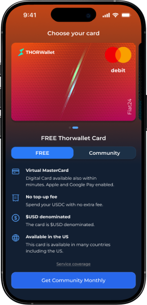 THORWallet App - Choose your card screen